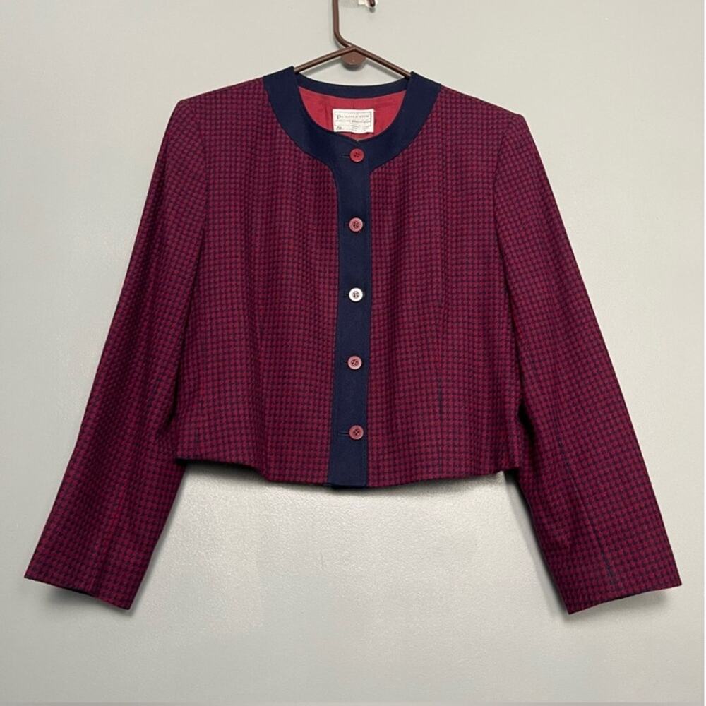 Vintage Pendleton Wool Cropped Houndstooth Jacket Burgundy Navy Women’s Size 14